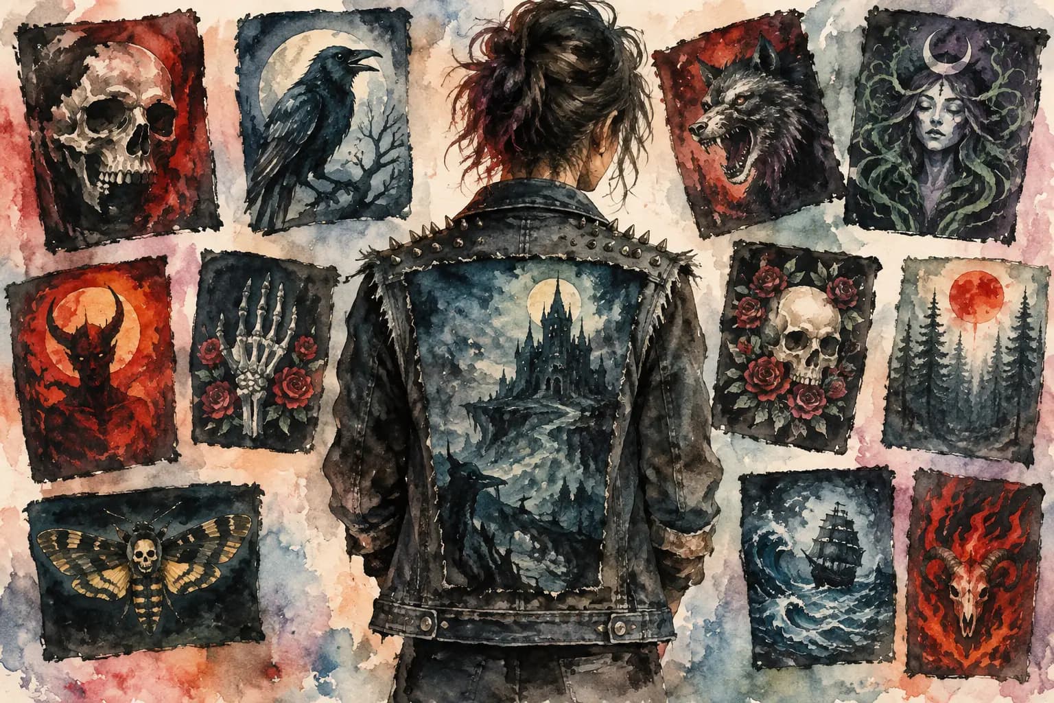 Watercolor illustration of a studded denim jacket with a gothic castle backpatch, surrounded by a grid of alternate backpatch artwork options like skulls, a raven, and a wolf.