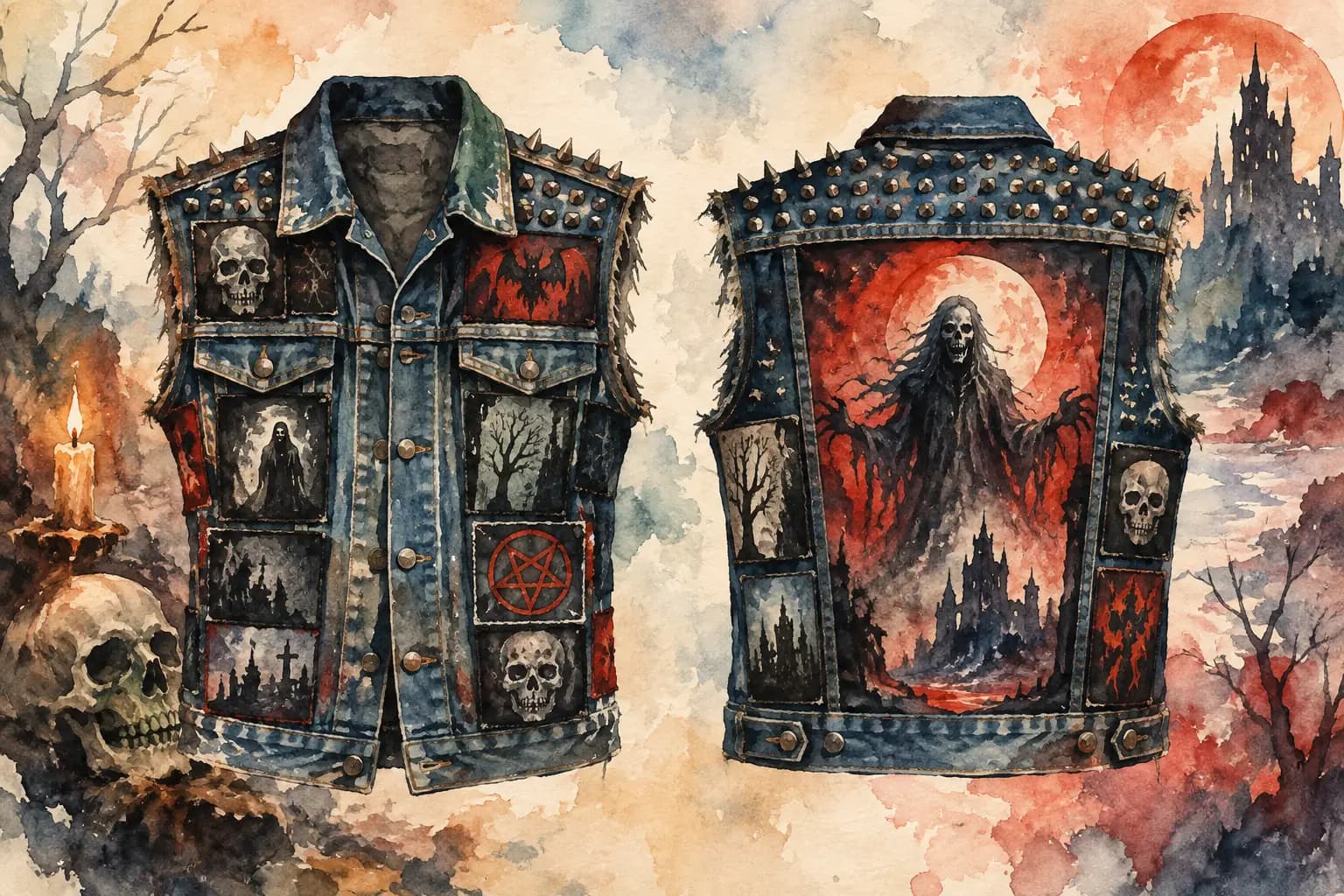 Watercolor-style illustration of a denim battle vest's front and back, covered in skull, bat, pentagram, and grim-reaper patches under a red moon.
