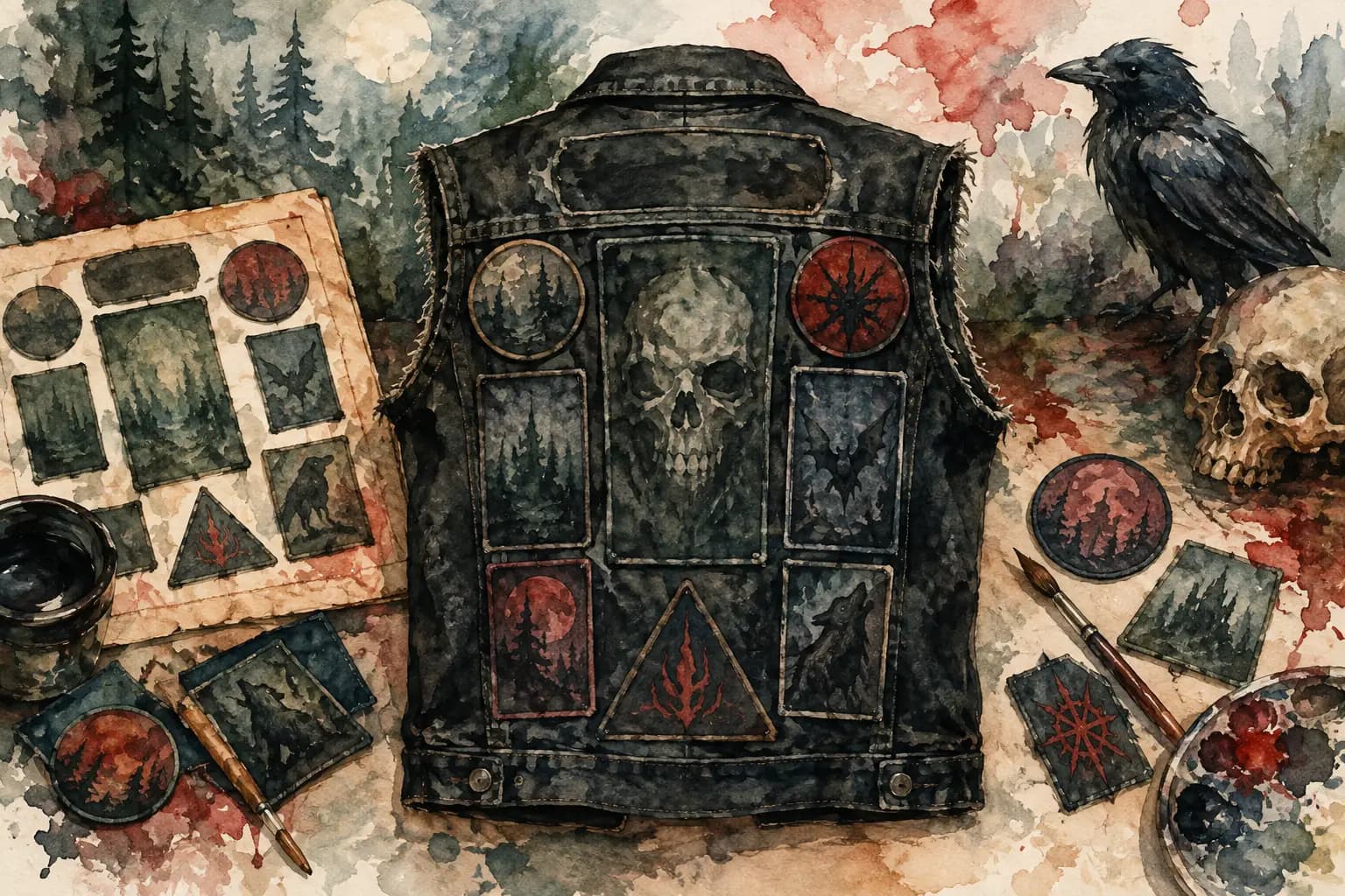Watercolor illustration of a black denim battle vest with skull and forest patches, laid beside a patch reference sheet, a raven, and a skull