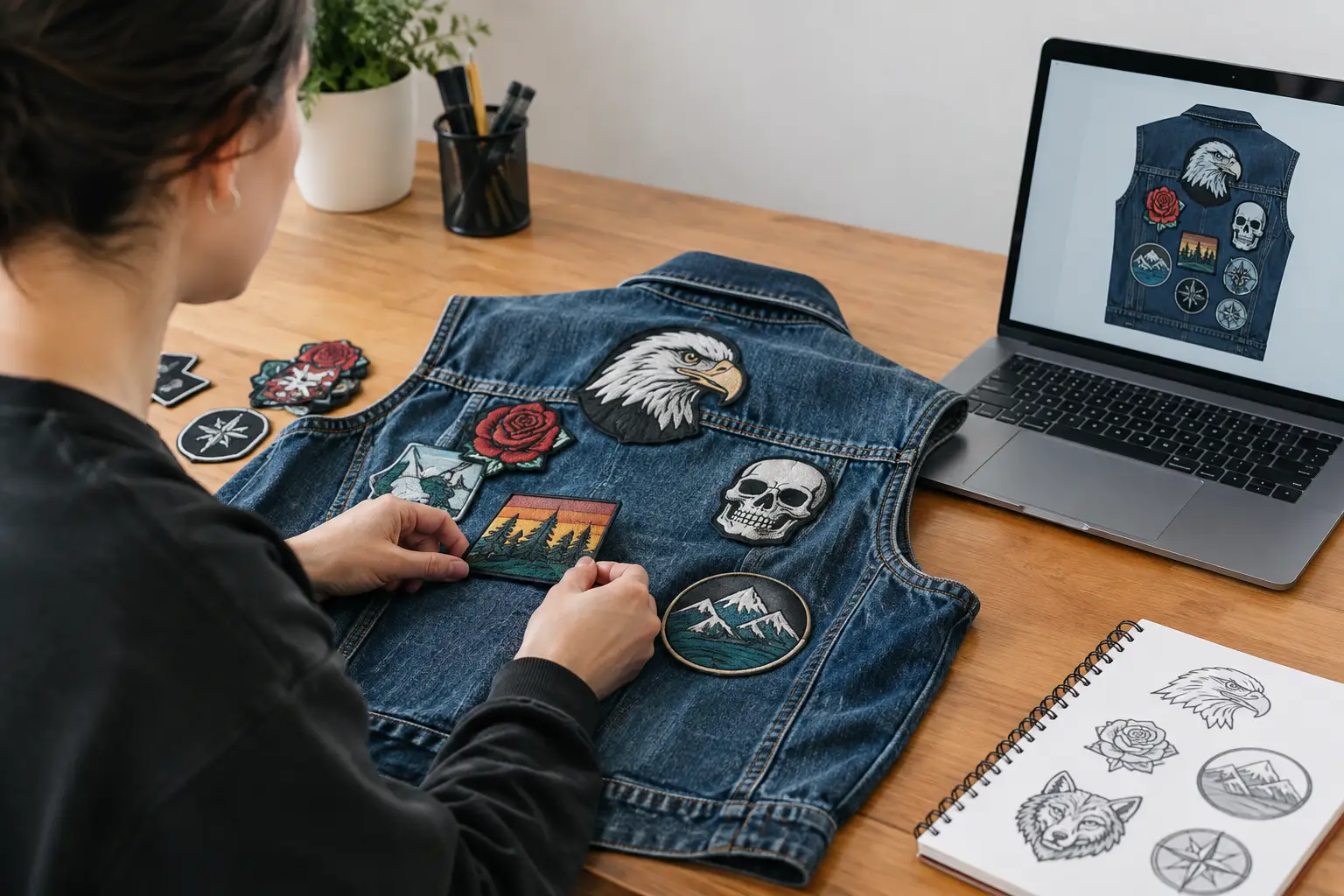 A person arranging embroidered patches on a denim vest at a desk, with a laptop showing a digital patch layout beside them.