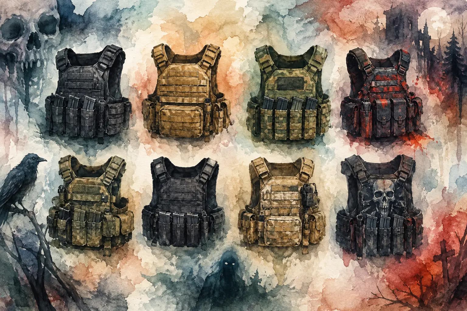 Watercolor illustration of eight tactical-style plate carrier vests arranged in two rows of four against a dark gothic graveyard backdrop with a skull, raven, and full moon.