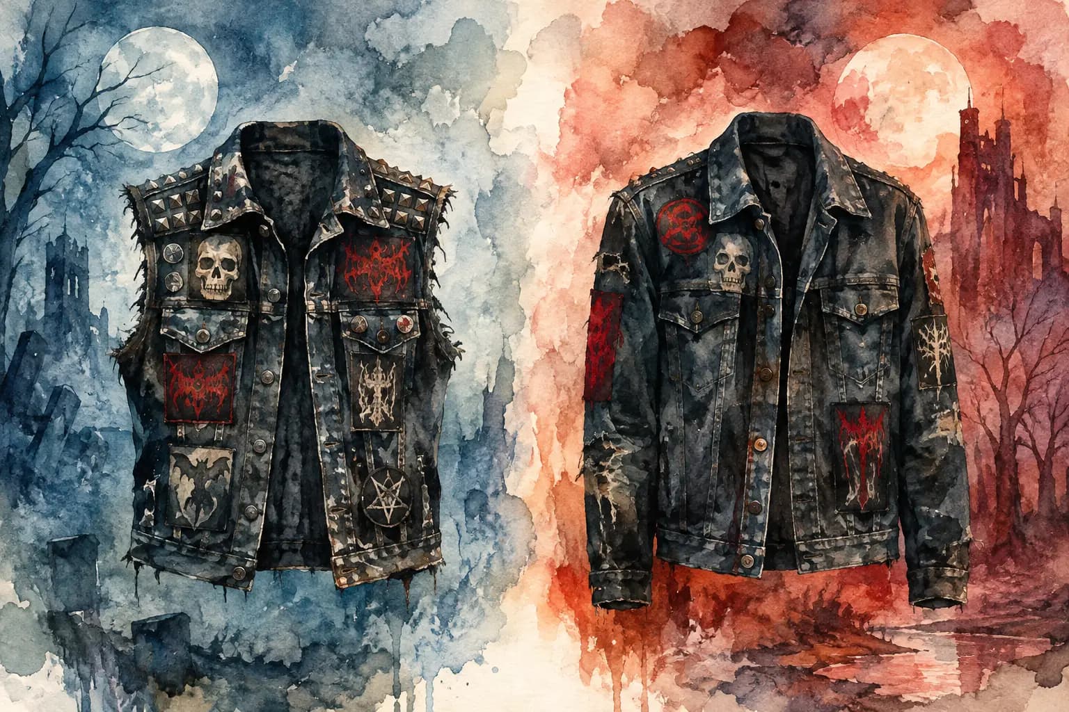 Split watercolor illustration comparing a studded battle vest with skull and pentagram patches against a blue moonlit graveyard, and a sleeved denim battle jacket with patches against a red moonlit cityscape.