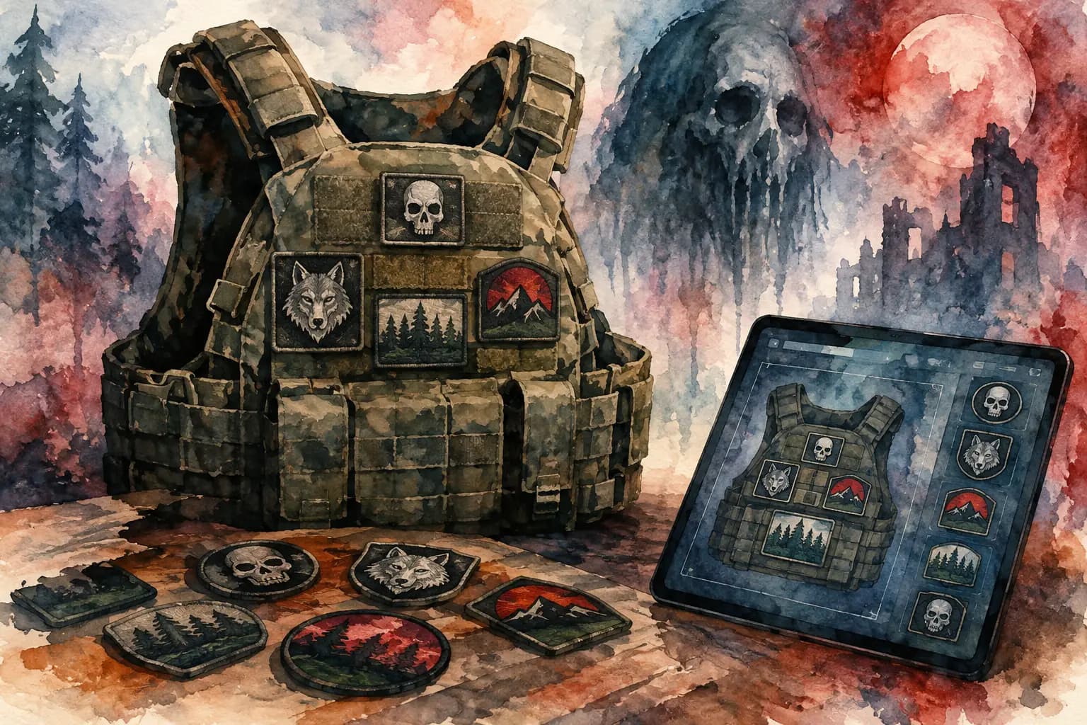 Watercolor illustration of a patch-covered tactical vest beside loose patches and a tablet showing a digital patch layout app.