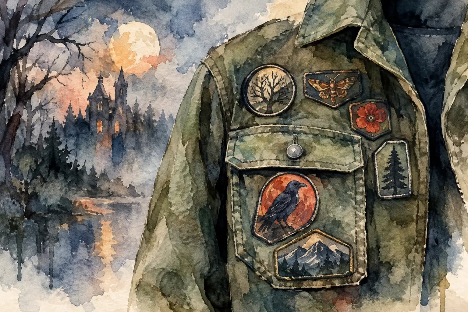 Watercolor illustration of a jacket chest pocket covered in shaped patches of a crow, moth, flower, tree, and mountain, beside a moonlit forest and castle scene.