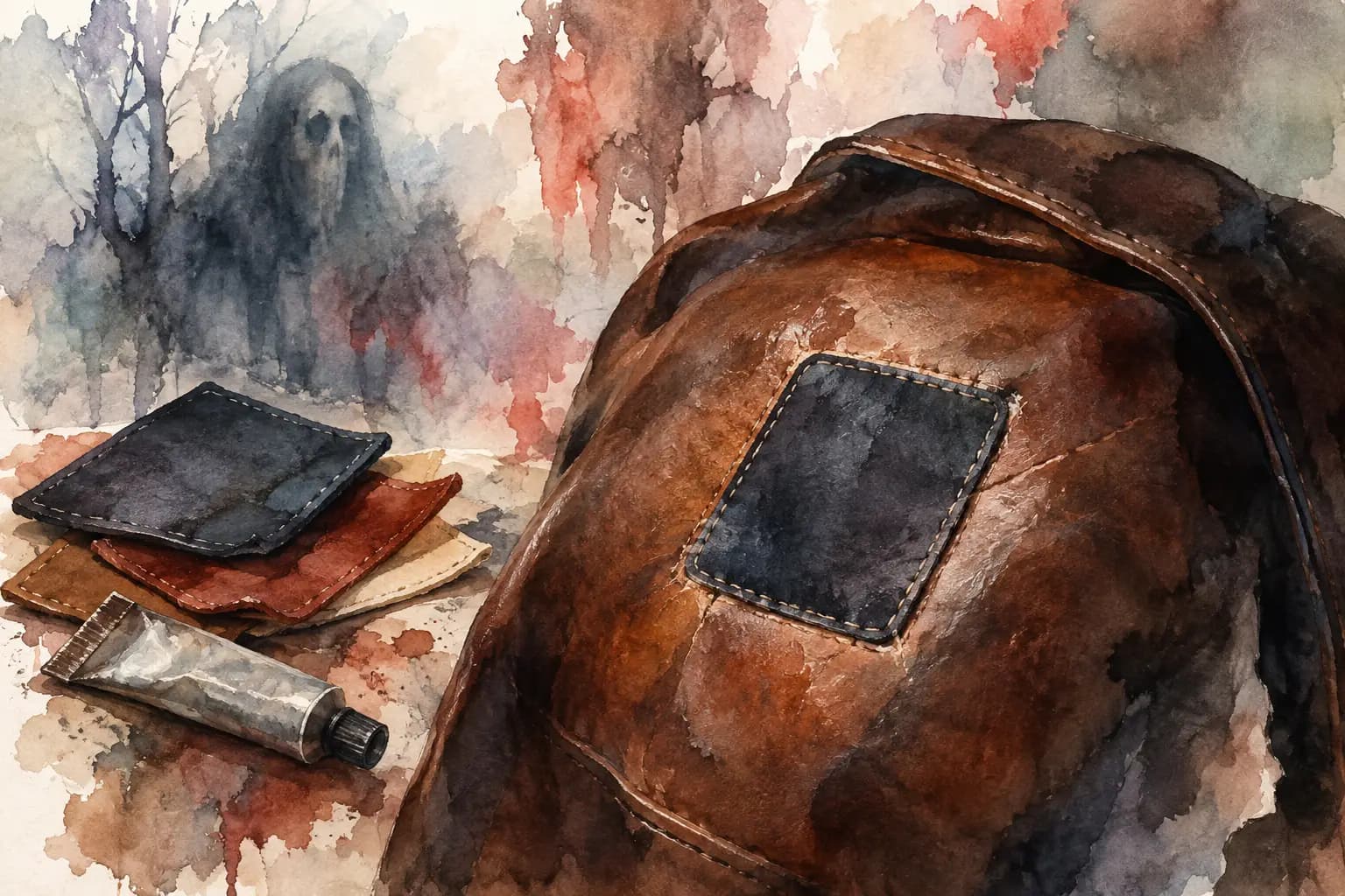 Watercolor illustration of a worn brown leather jacket with a stitched navy patch on the shoulder, beside a stack of leather patch swatches and a tube of glue, with a ghostly figure in the background.