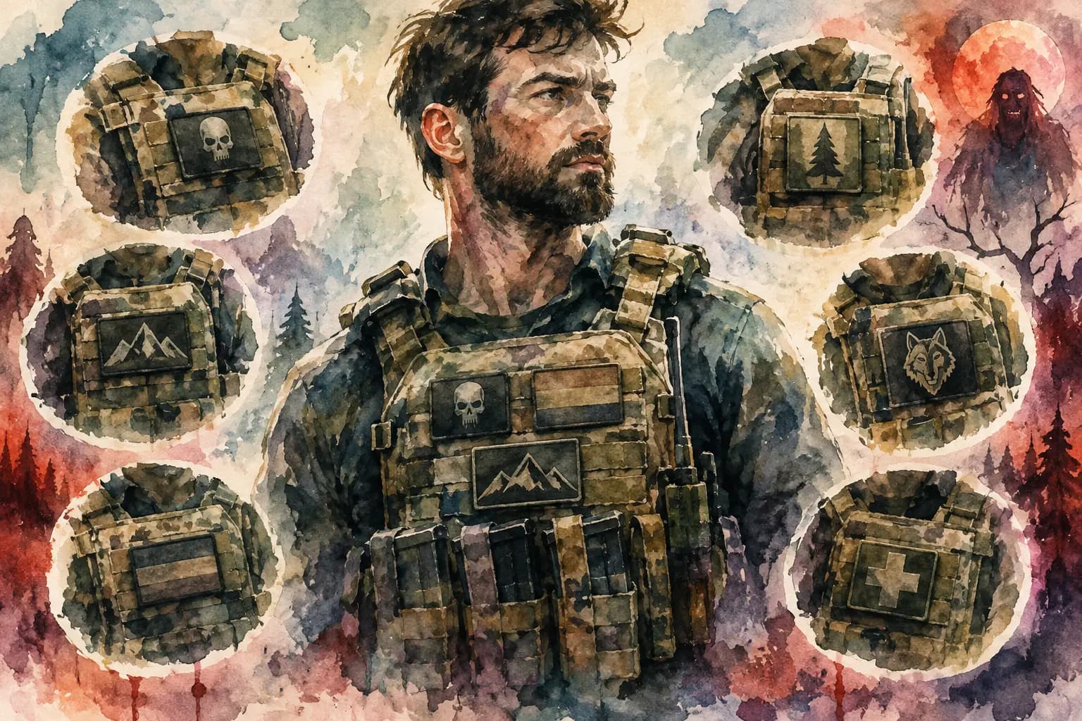 Watercolor illustration of a man in a tactical patch vest surrounded by circular close-ups of individual chest patches