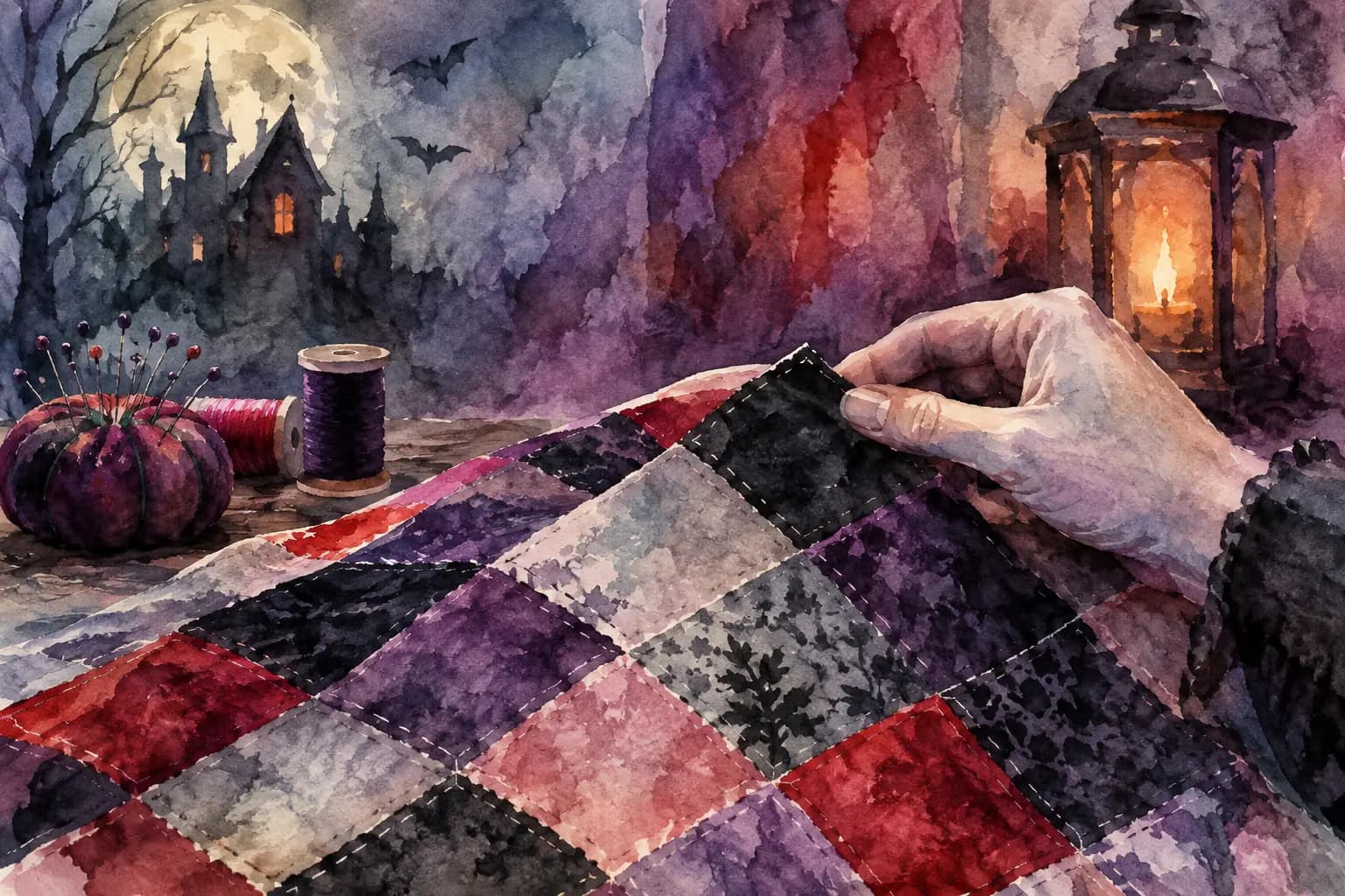 Watercolor illustration of a hand arranging red, purple, black, and gray patchwork squares beside pins, thread, and a lit lantern, with a moonlit haunted house in the background.