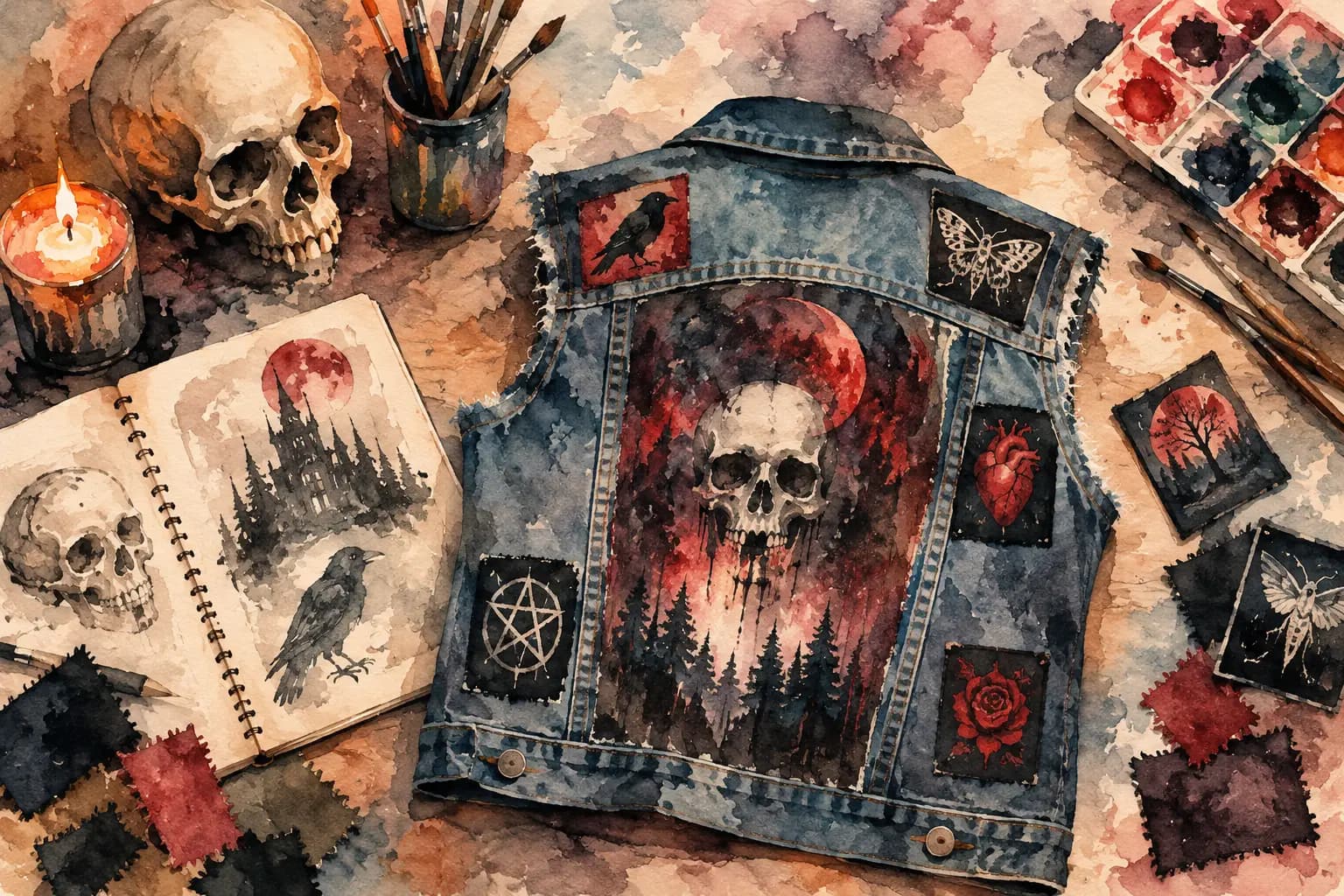 Watercolor illustration of a denim battle vest covered in skull, crow, moth, and rose patches, laid out on a desk with a human skull, a lit candle, a sketchbook, paintbrushes, and a watercolor palette.