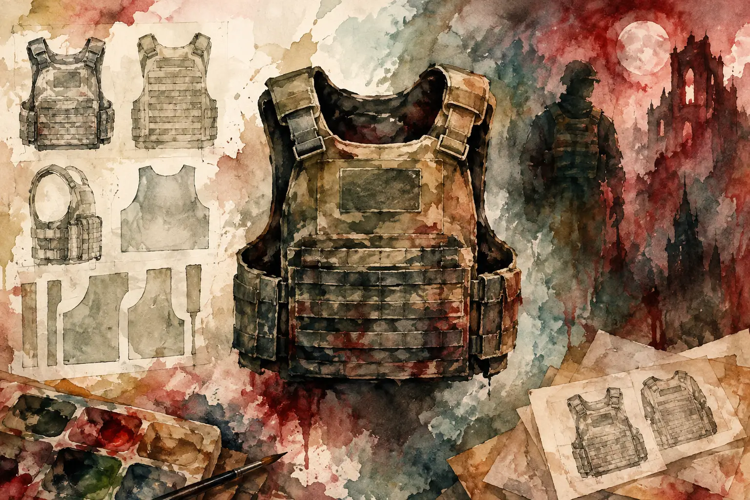 Watercolor painting of a tactical vest surrounded by garment template sketches and a paint palette.