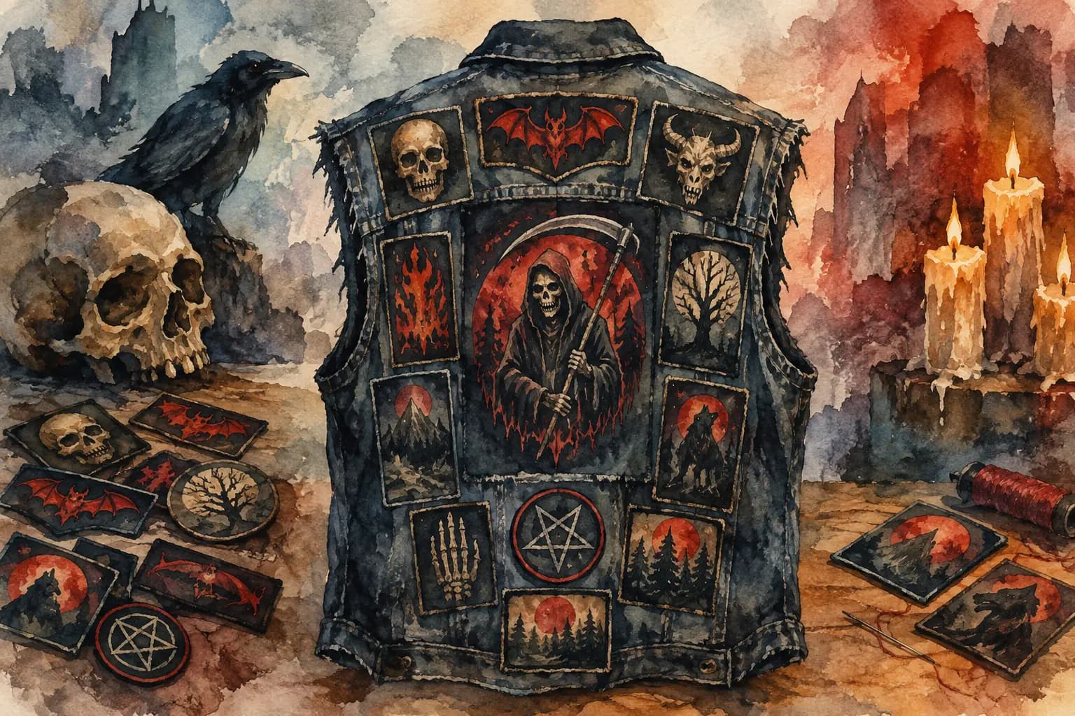 Watercolor illustration of a denim battle vest back covered in skull, bat, demon, grim reaper, and pentagram patches, surrounded by a raven, skull, candles, and loose patches on a table.
