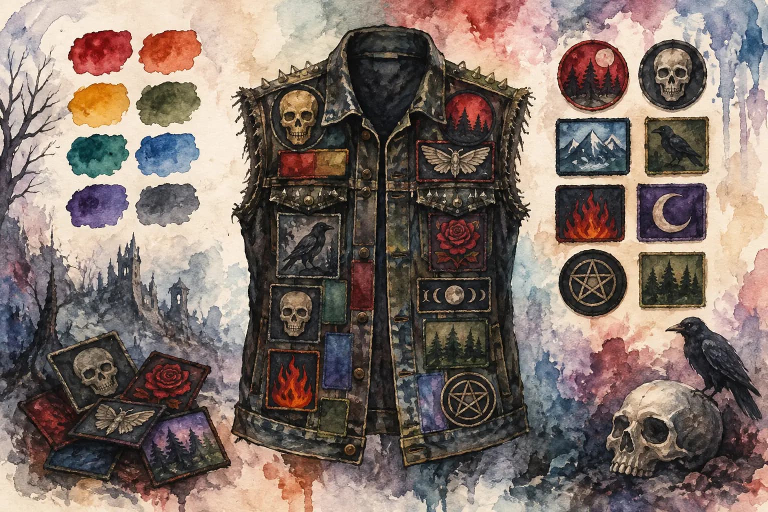 Watercolor illustration of a studded denim vest covered in skull, raven, rose, and pentagram patches beside a color swatch palette and matching patch thumbnails.