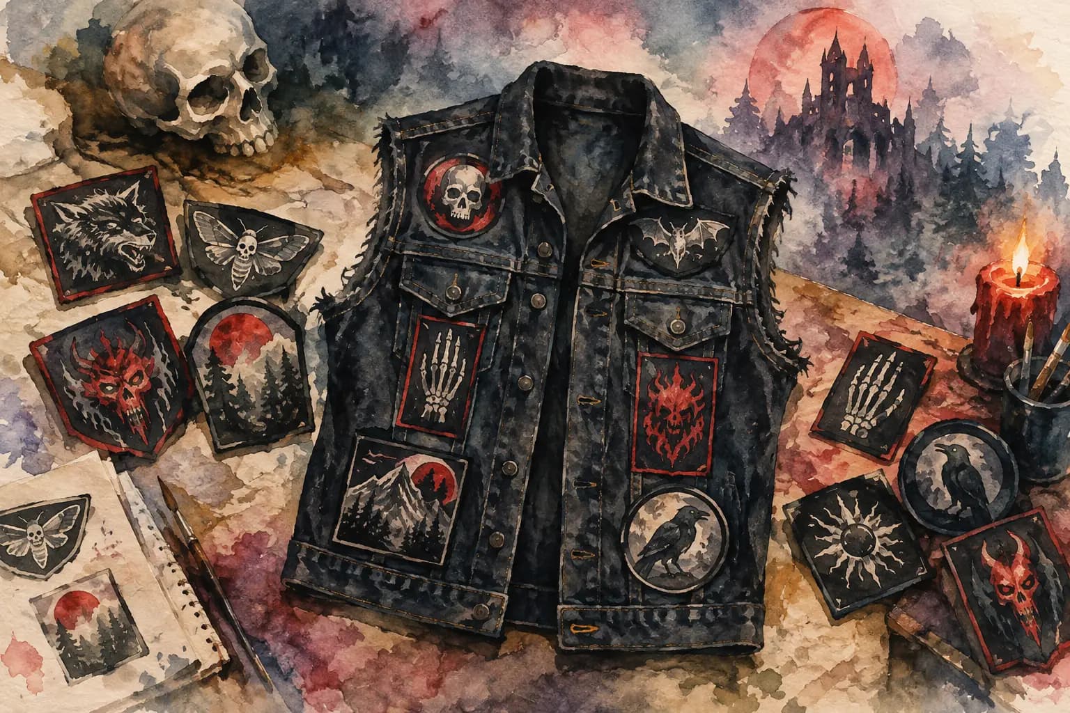 Watercolor illustration of a black denim battle vest covered in skull, bat, and raven patches, surrounded by loose patches, a skull, and a candle.