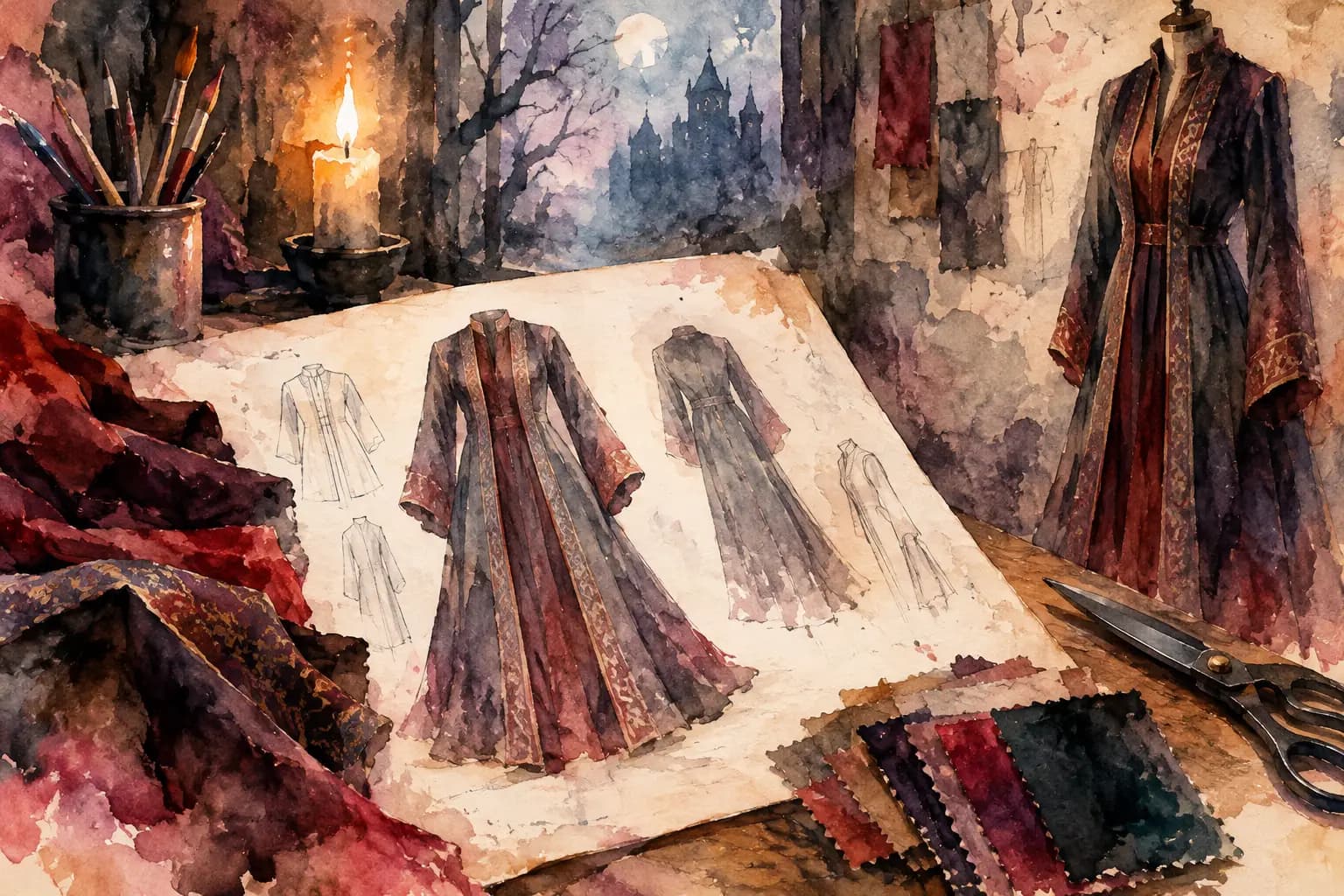 Watercolor illustration of a design studio desk with dress sketches, fabric swatches, scissors, and a lit candle.