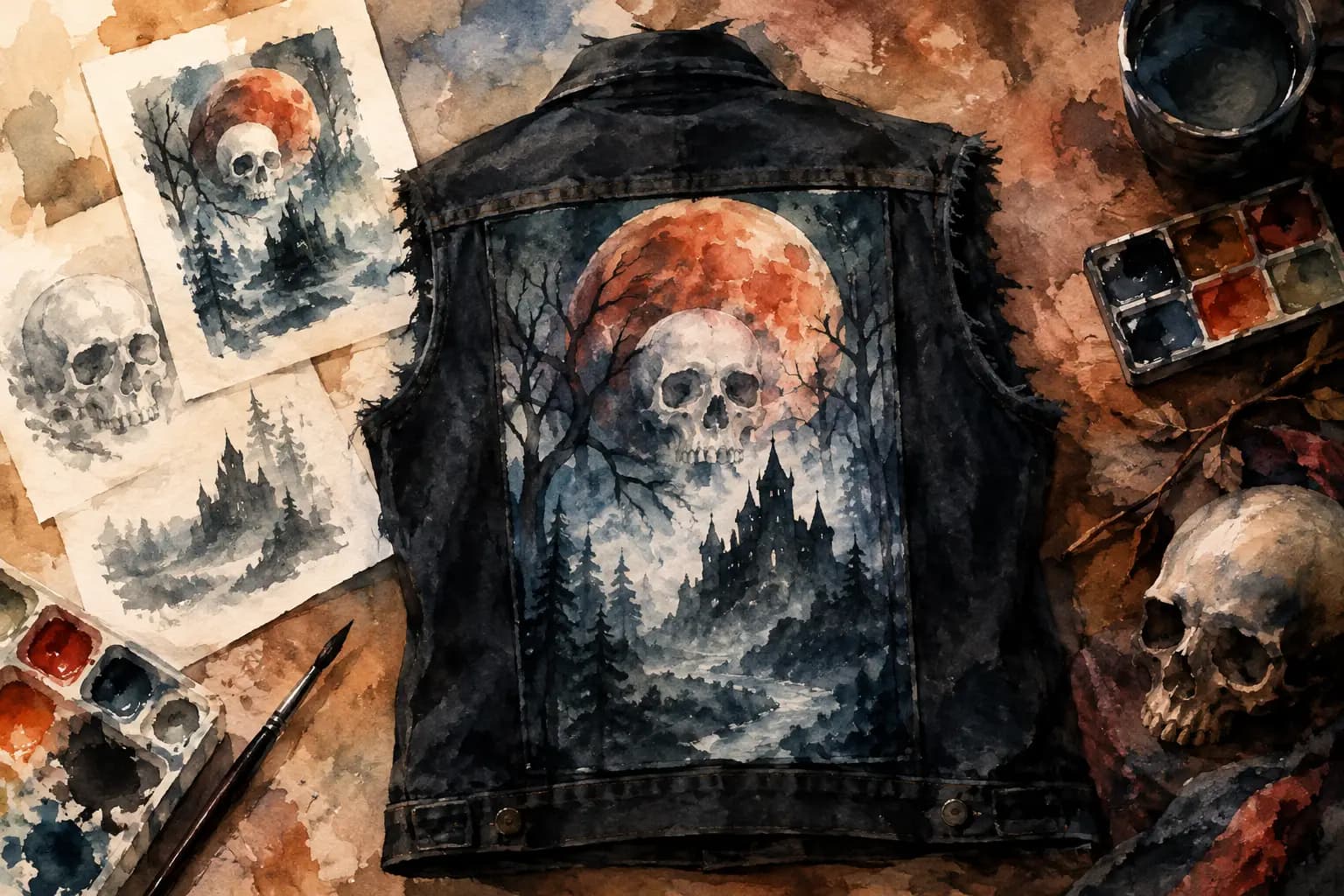 Watercolor-style illustration of a black denim vest with a skull-and-moon backpatch over a misty forest and castle scene, beside concept sketches and paint supplies.