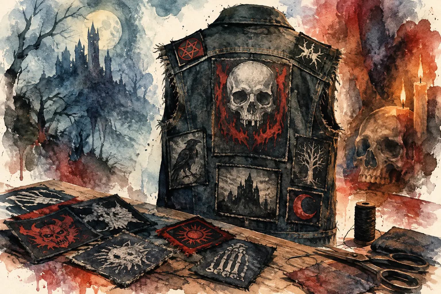 Watercolor illustration of a denim battle vest covered in skull, raven, castle, pentagram, and moon patches on a workbench, surrounded by loose patches, thread, scissors, and a skull with lit candles.