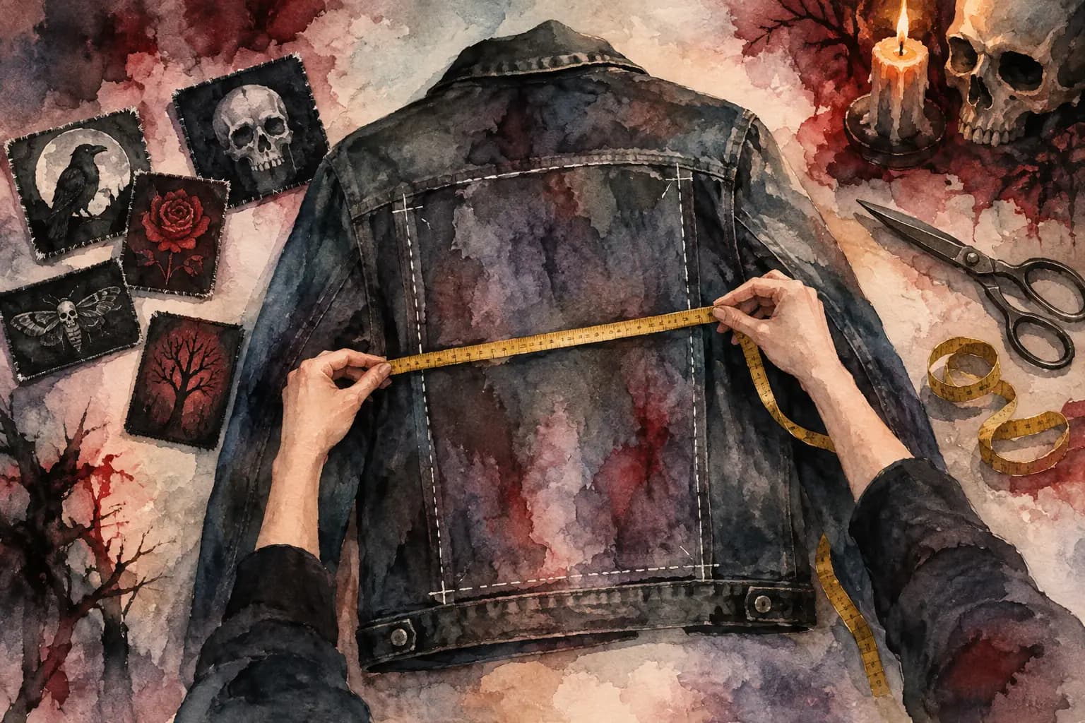 Watercolor illustration of hands measuring the back panel of a denim jacket with a tape measure, surrounded by dark-themed patches, scissors, a candle, and a skull.