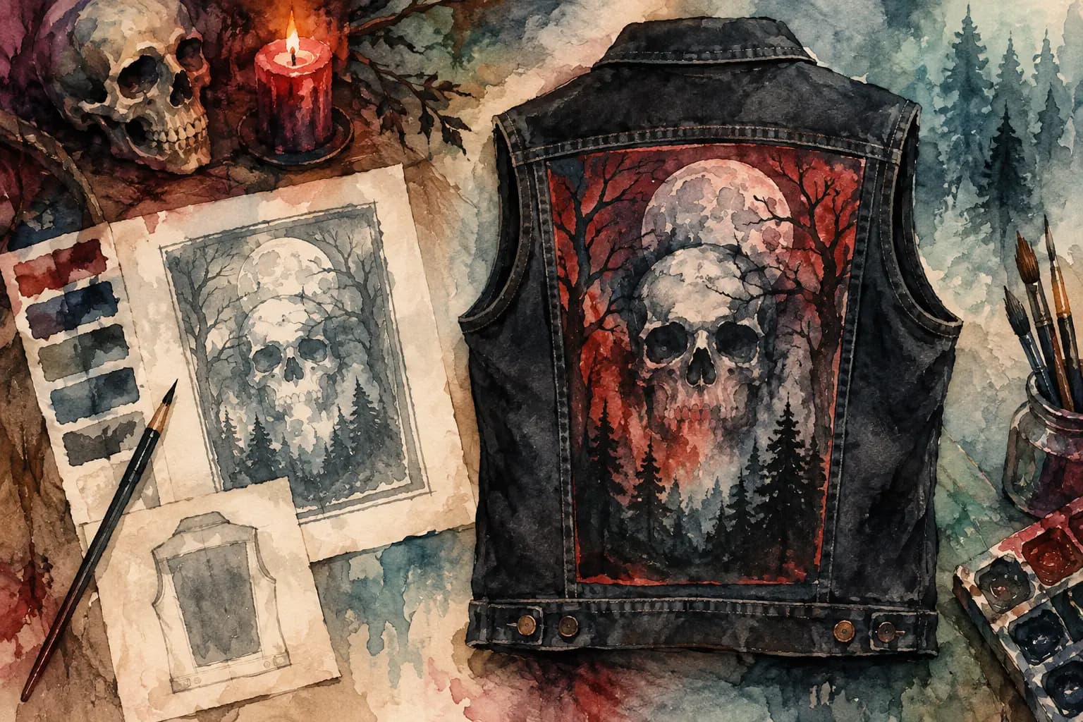 Watercolor-style illustration of a black denim vest with a skull-and-forest backpatch, next to sketches, a skull, and a candle.