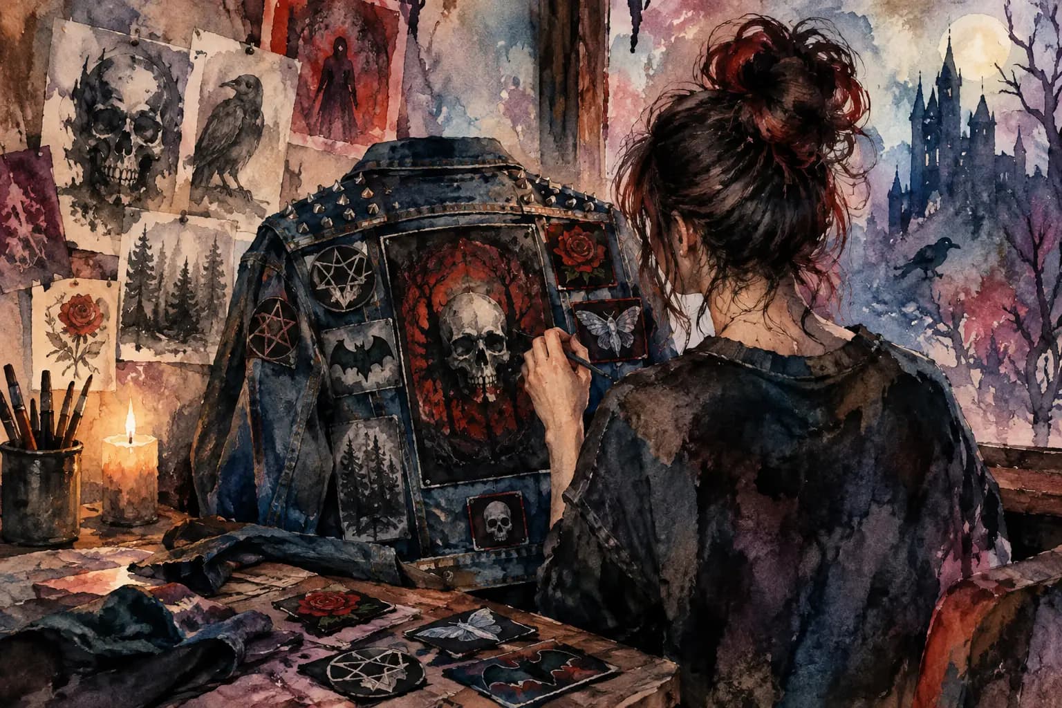 Watercolor painting of a person sewing a skull backpatch onto a studded denim battle vest by candlelight, surrounded by patch sketches.