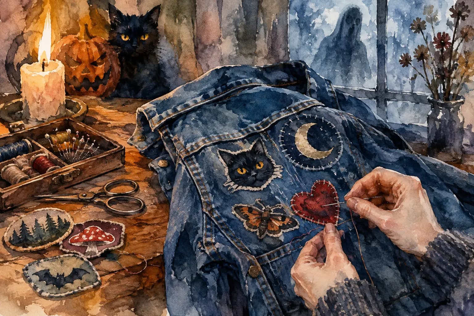Watercolor illustration of hands hand-sewing a red heart patch onto a denim jacket already decorated with a black cat, crescent moon, and butterfly patches, beside a candle, jack-o'-lantern, black cat, and sewing supplies on a table.