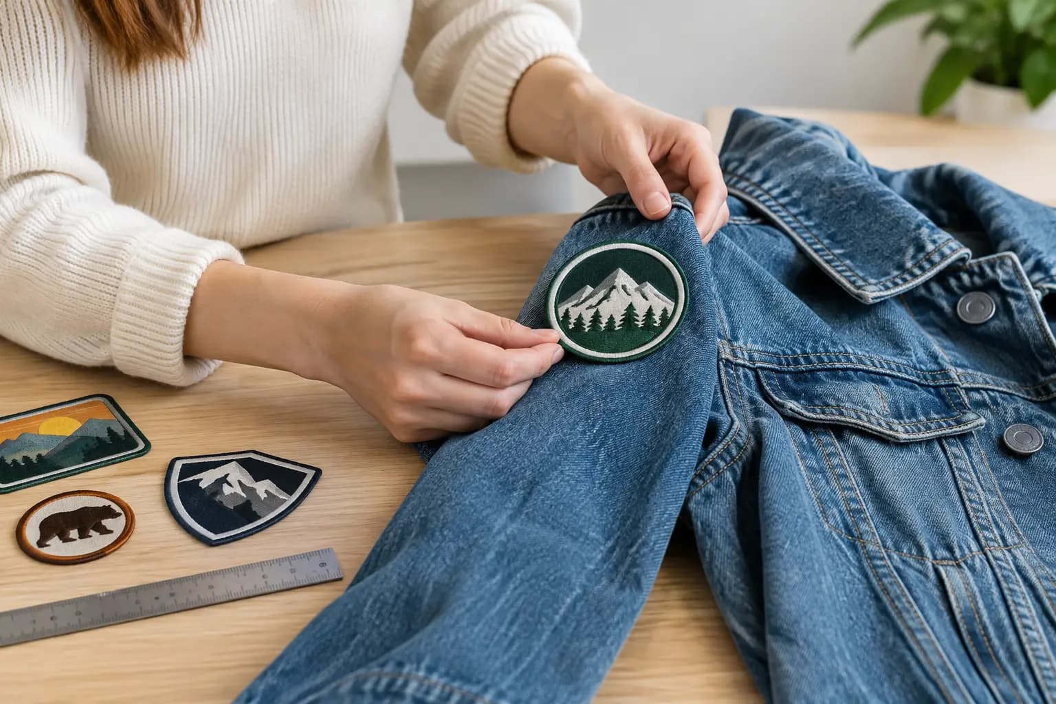 Close-up of hands sewing a circular mountain patch onto a denim jacket sleeve, with more patches laid out on the table.