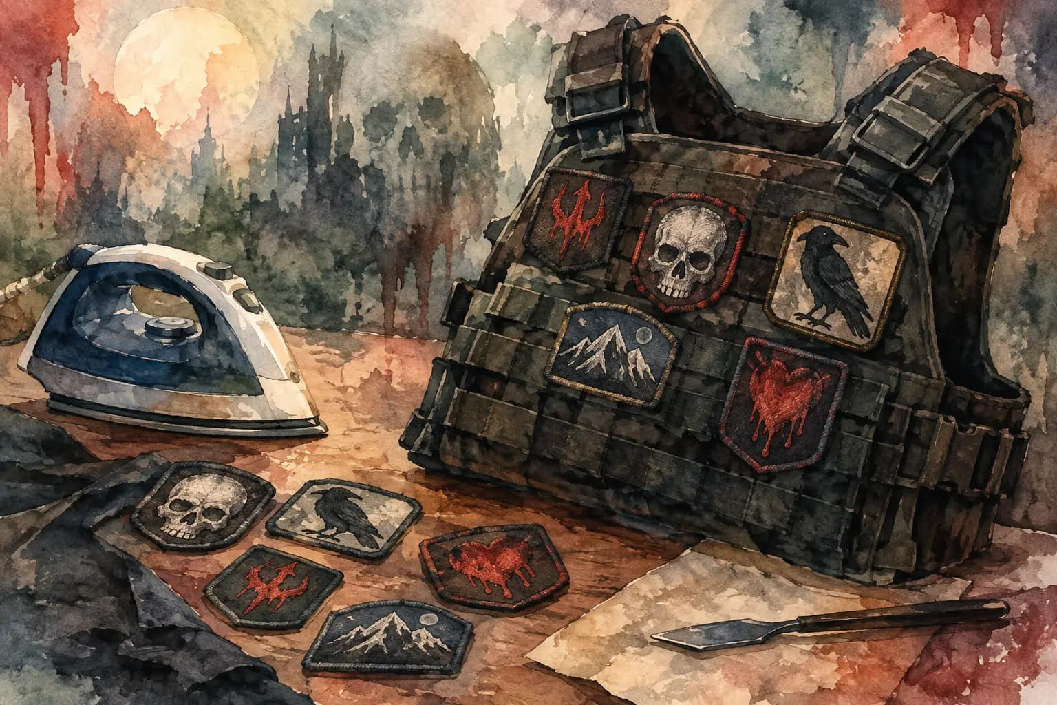 Watercolor illustration of a clothes iron beside a battle vest patched with a skull, raven, mountain, and dripping heart, with loose patches on the table.