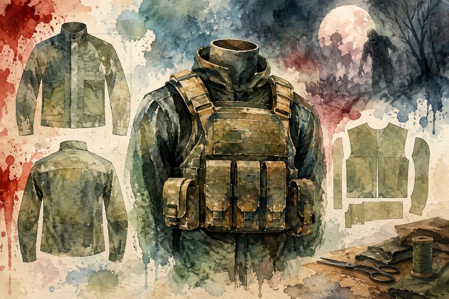 Watercolor pattern-sheet style illustration of a jacket shown from front and back, a tactical-style vest with pouches in the center, a vest pattern with fabric pieces, scissors and a thread spool, with a ghostly figure and moon in the background.