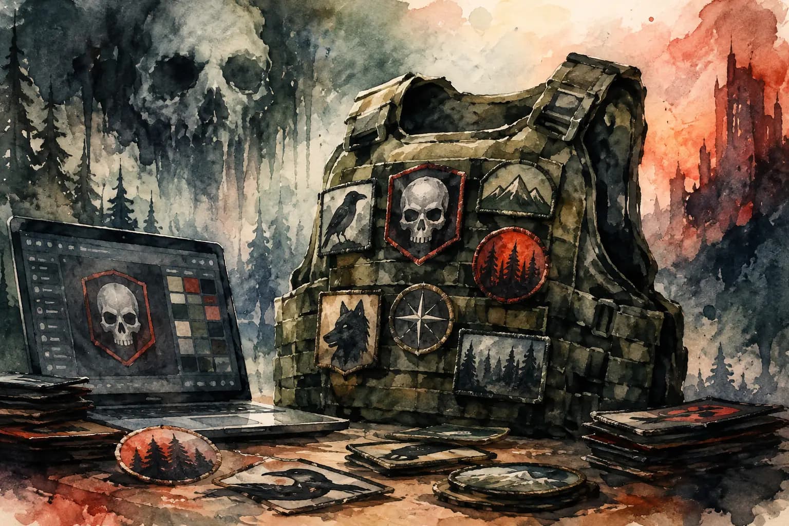 Watercolor illustration of a tactical vest covered in skull, raven, wolf, mountain, and forest patches beside a laptop showing a patch design editor with a skull patch and color swatches.