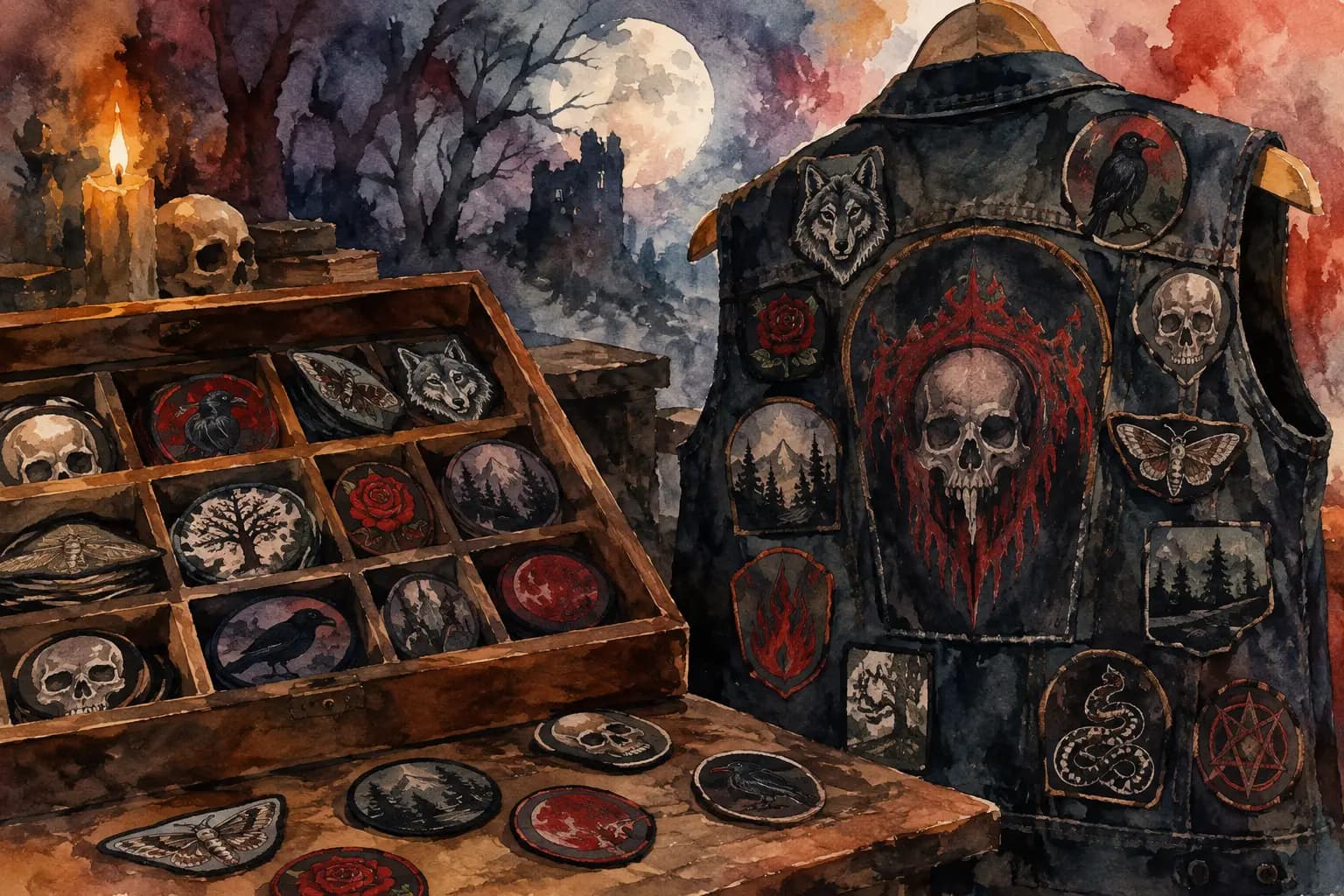 Watercolor-style illustration of an open wooden patch storage box beside a denim battle vest covered in skull, wolf, and raven patches, with a moonlit ruined castle in the background.