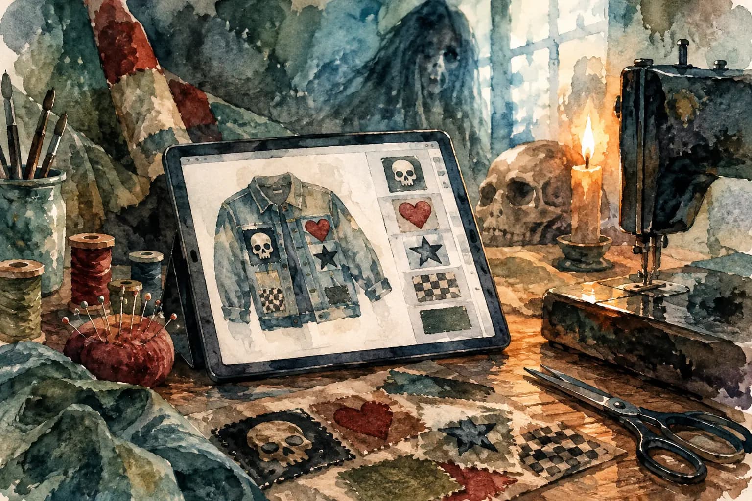 Watercolor illustration of a tablet showing a denim jacket patch layout app on a sewing workbench with a skull, candle, pins, and scissors.
