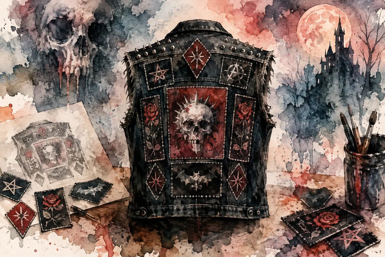 Watercolor illustration of a studded black punk vest with a skull, rose, bat, and pentagram patches, next to a sketch, loose patches, and paintbrushes.
