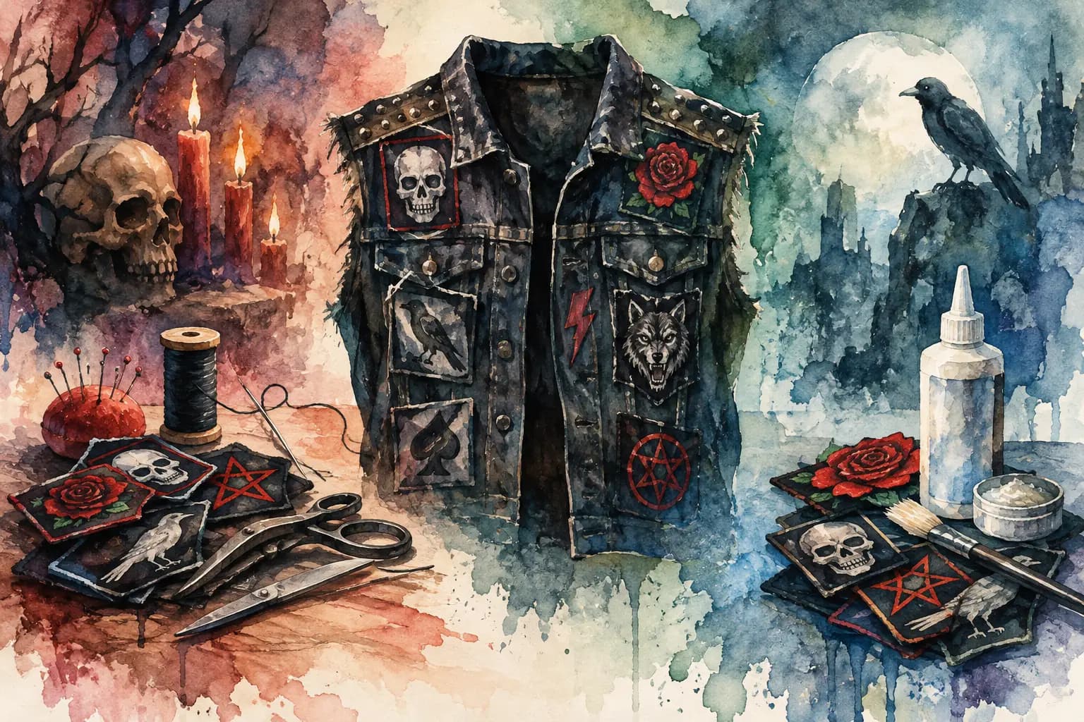 Watercolor illustration of a studded denim vest with skull, rose, raven, wolf and pentagram patches, flanked by sewing tools on one side and a glue bottle on the other.
