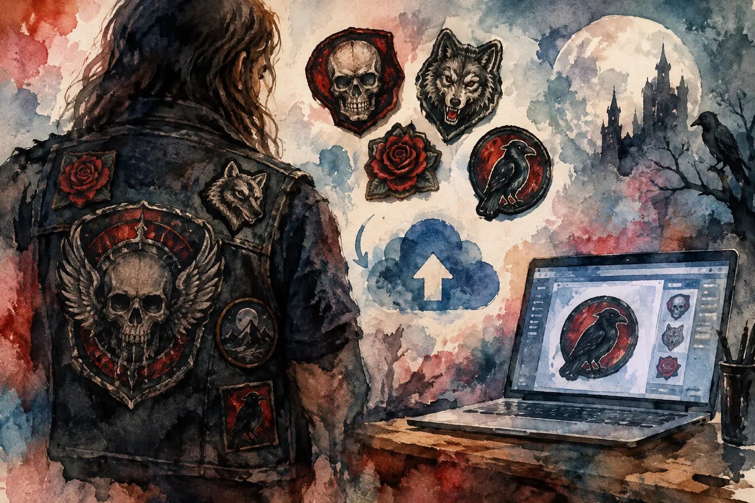 Watercolor illustration of a denim battle jacket covered in skull, wolf, and raven patches, beside a laptop showing patch-upload design software.